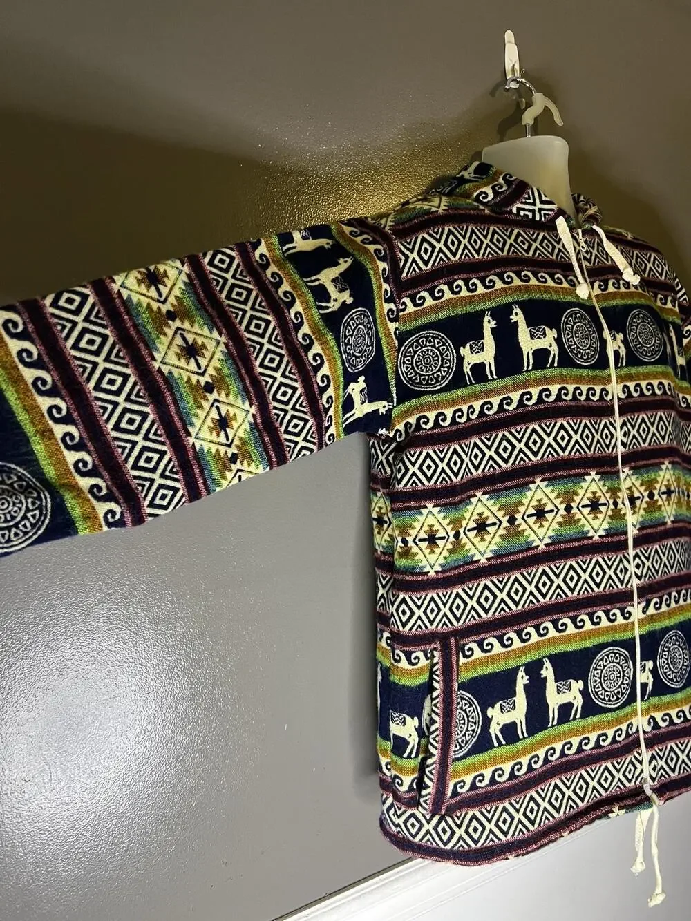 Llama Alpaca Sweater Mens XL Wool Blue Hooded Full Zip Knit Ecuador Tribal